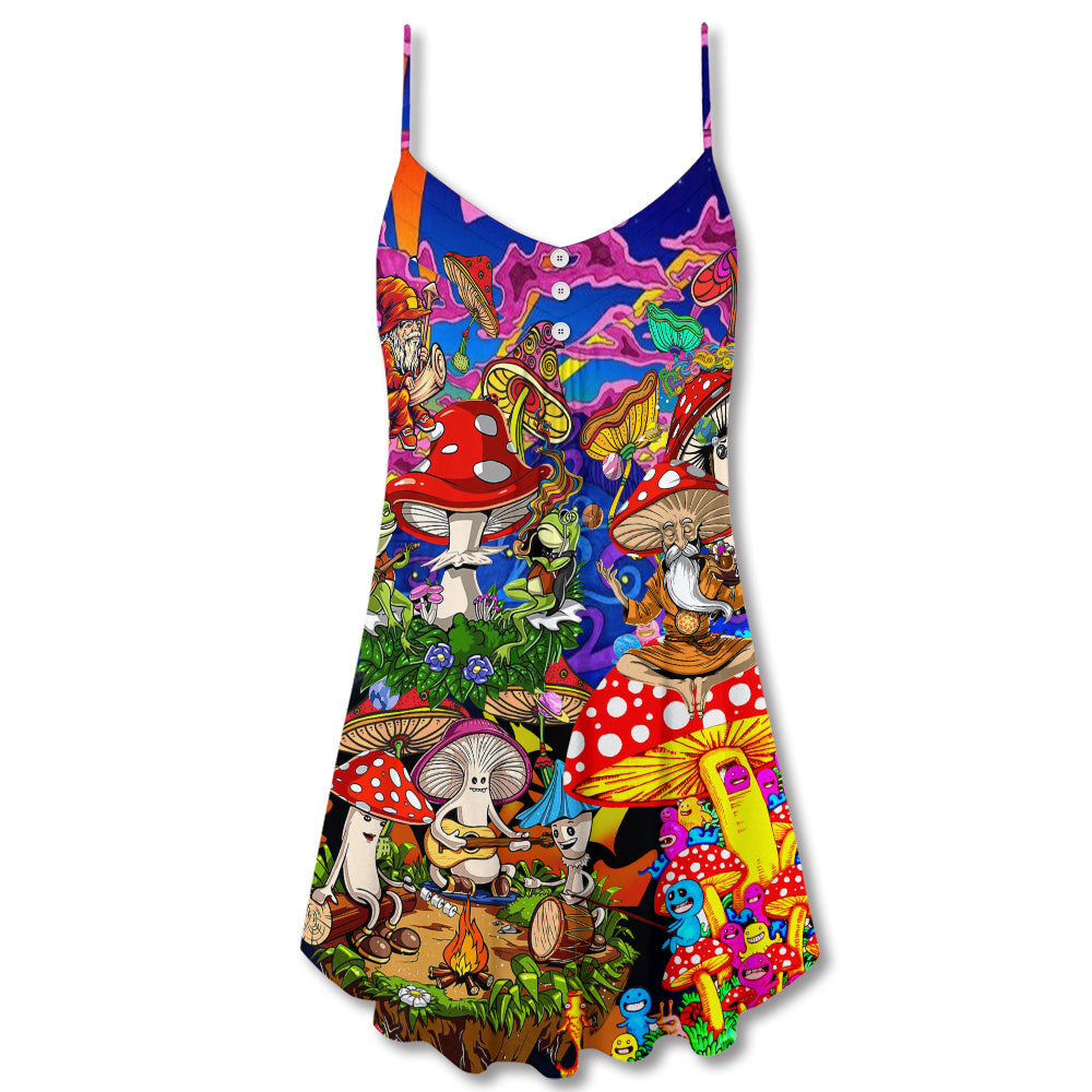 Hippie Mushroom Happy Together – Women's Summer Sleeveless V-Neck Camisole Dress