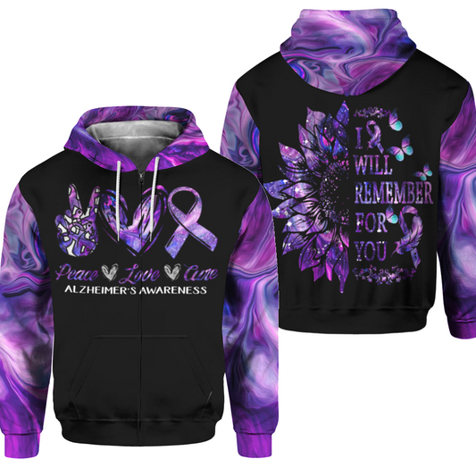 Alzheimers Awareness Peace Love - 3D Hoodie