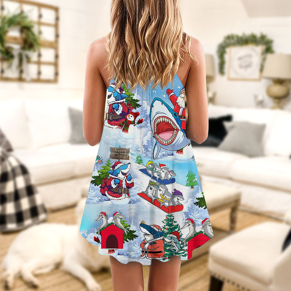 Shark Santa Love Merry Christmas – Women's Summer Sleeveless V-Neck Camisole Dress