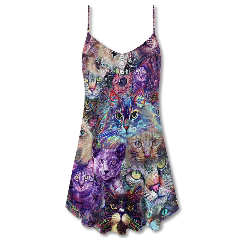 Psychedelic Purple Cat – Women's Summer Sleeveless V-Neck Camisole Dress