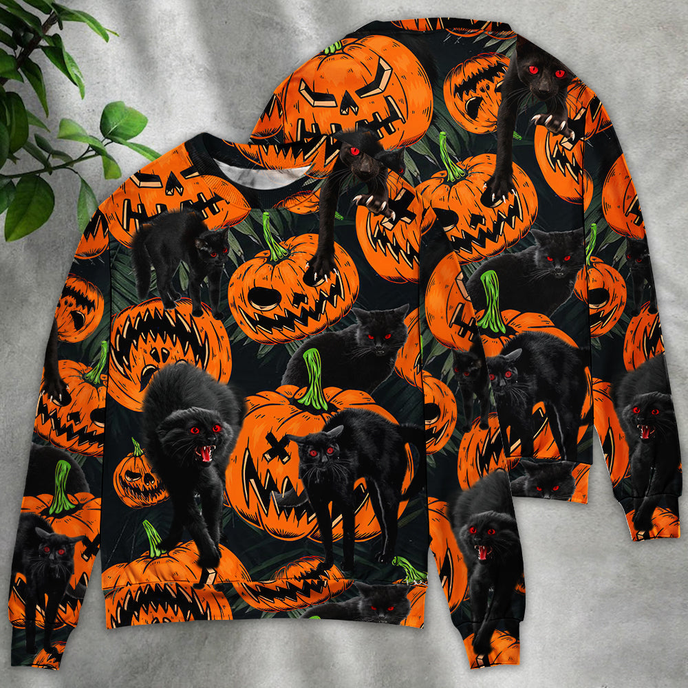 Halloween Black Cat Pumpkin Tropical Art – Sweater - Ugly Christmas Sweater