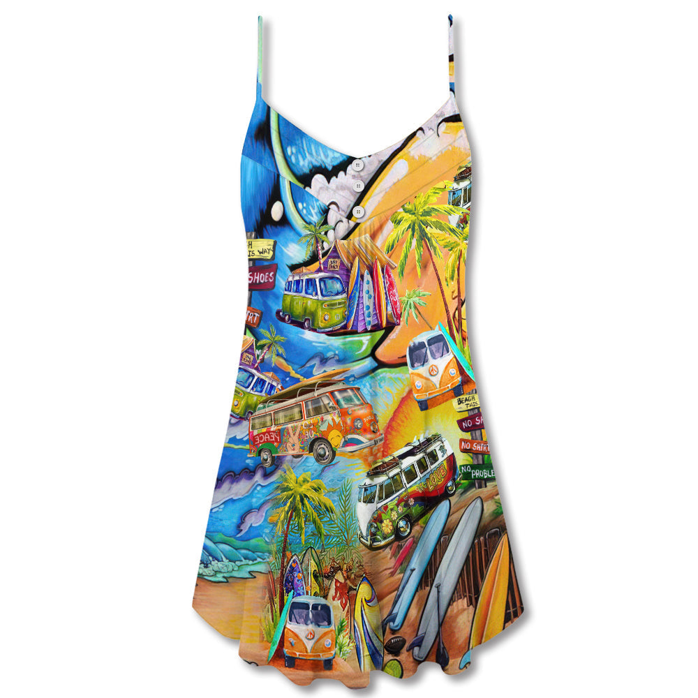Hippie Bus Beach Summer – Women's Summer Sleeveless V-Neck Camisole Dress