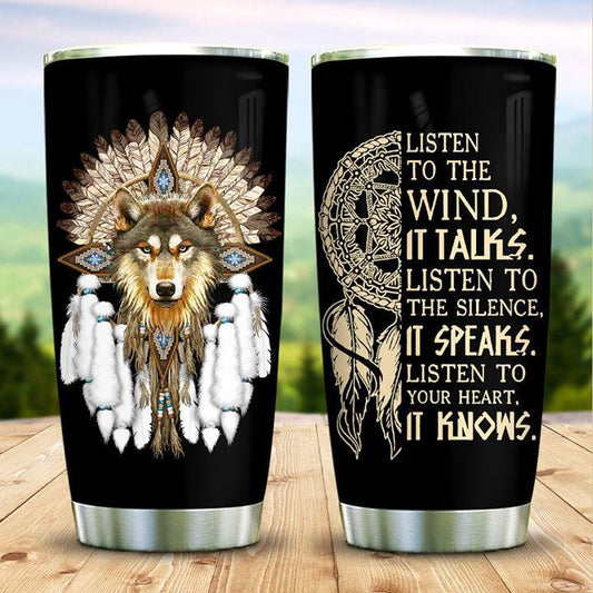 Native Wolf Wisdom 20 Oz Tumbler For Hot Cold Drinks And Travel