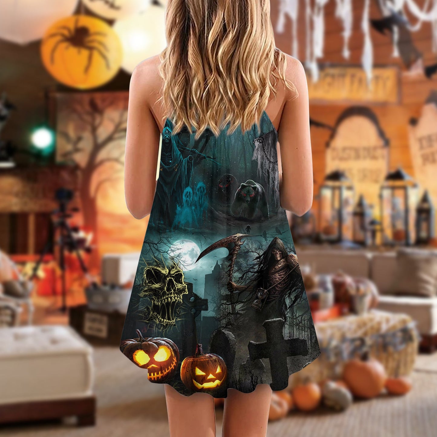 Halloween Ghost Dark Pumpkin Scary – Women's Summer Sleeveless V-Neck Camisole Dress