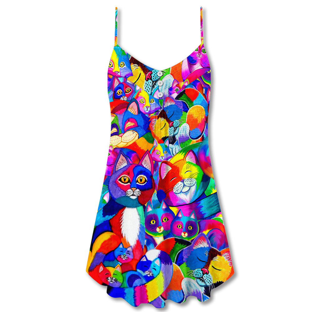 Rainbow Cat Colorful Style – Women's Summer Sleeveless V-Neck Camisole Dress