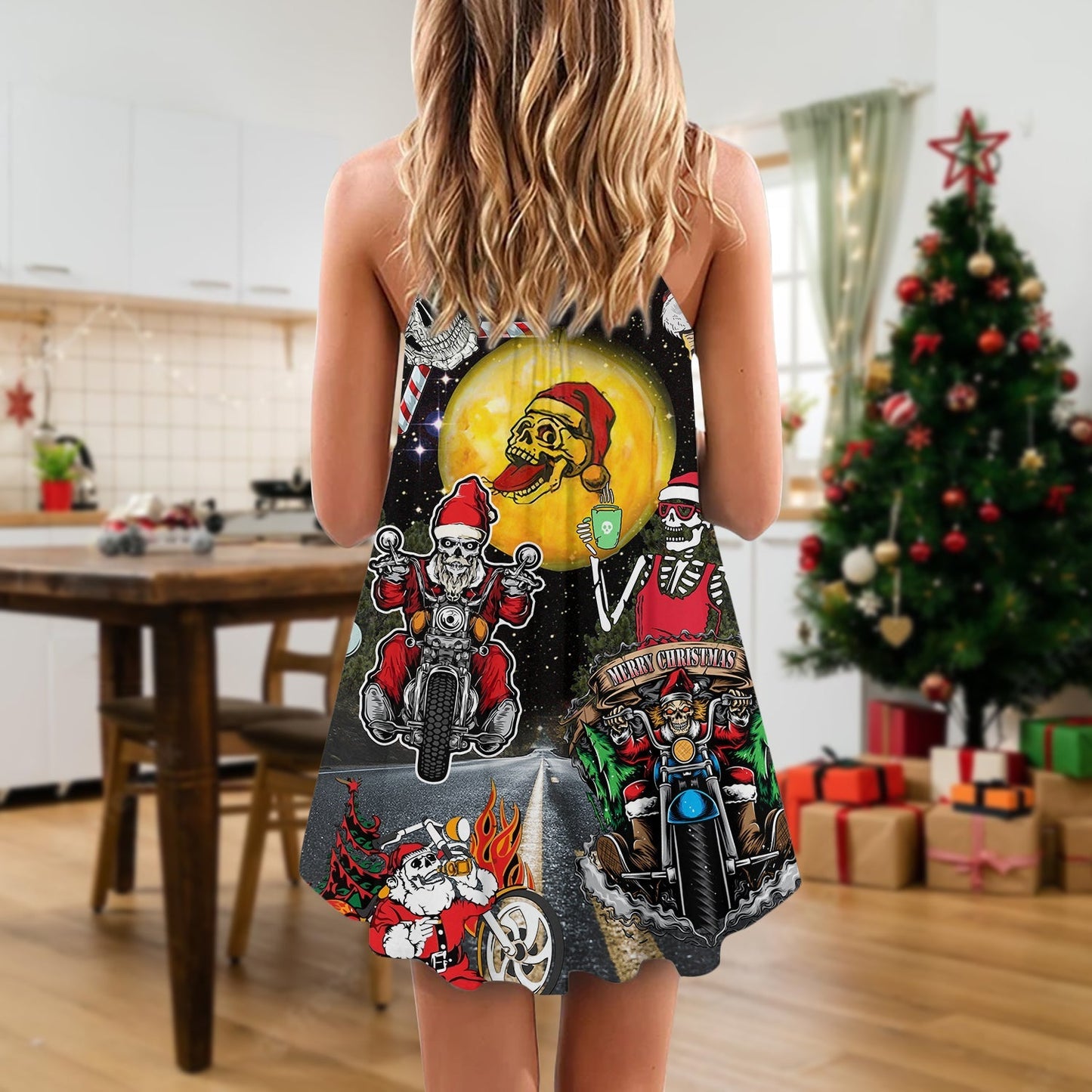Christmas Santa Skull Racing Holiday – Women's Summer Sleeveless V-Neck Camisole Dress