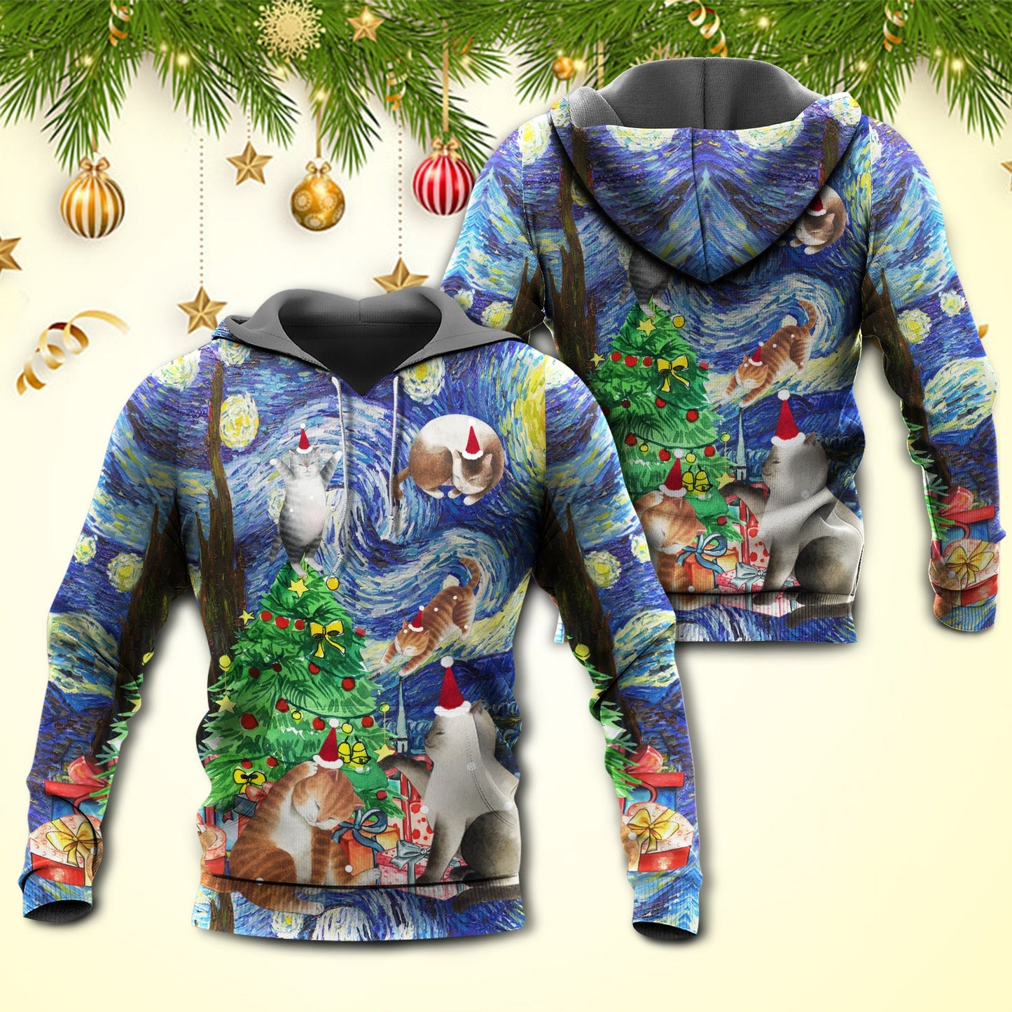 Christmas Cat Playing Starry Night Art – 3D Hoodie
