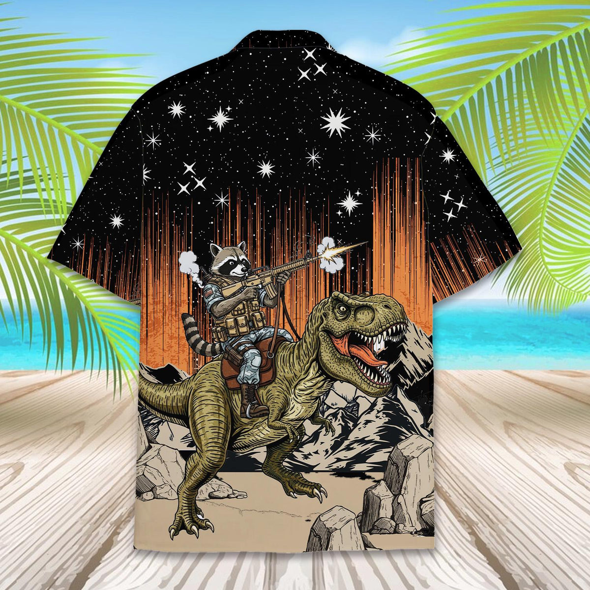 Funny Raccoon Riding T-Rex Space Galaxy Adventure – Hawaiian Shirt