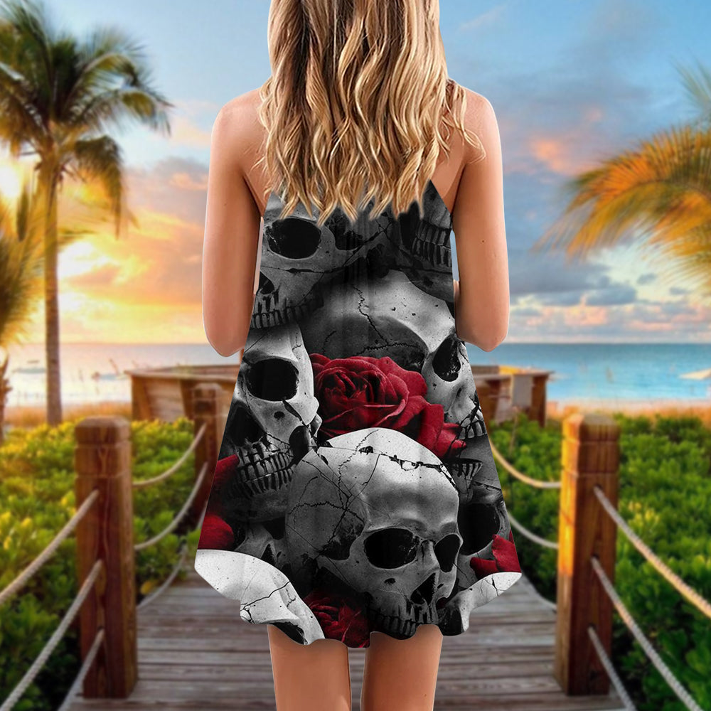 Skull Love Rose Gothic Style – Women's Summer Sleeveless V-Neck Camisole Dress
