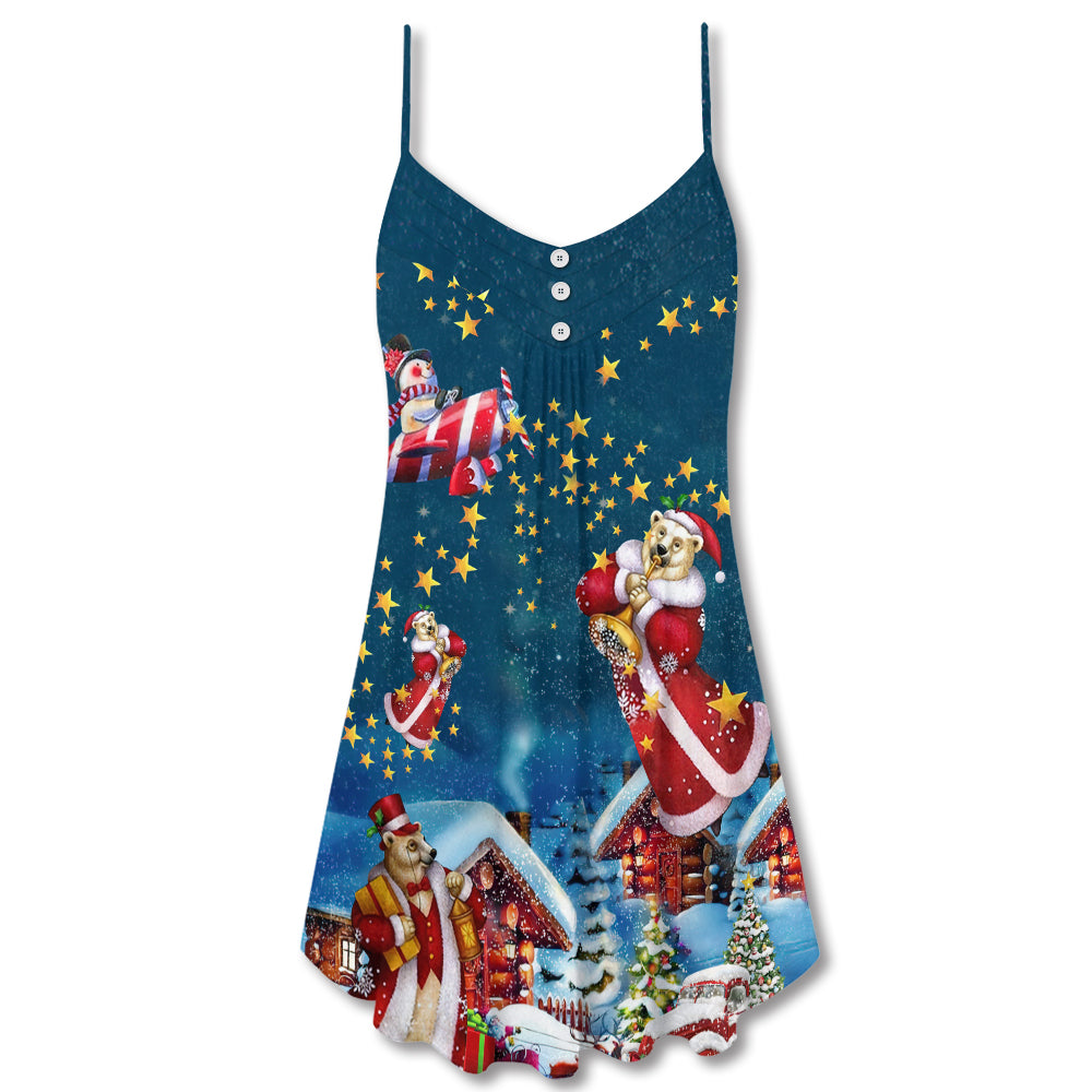 Christmas Bear Santa Happy Mood – Women's Summer Sleeveless V-Neck Camisole Dress