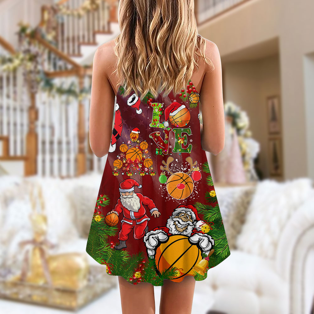 Santa Love Basketball Merry Christmas – Women's Summer Sleeveless V-Neck Camisole Dress