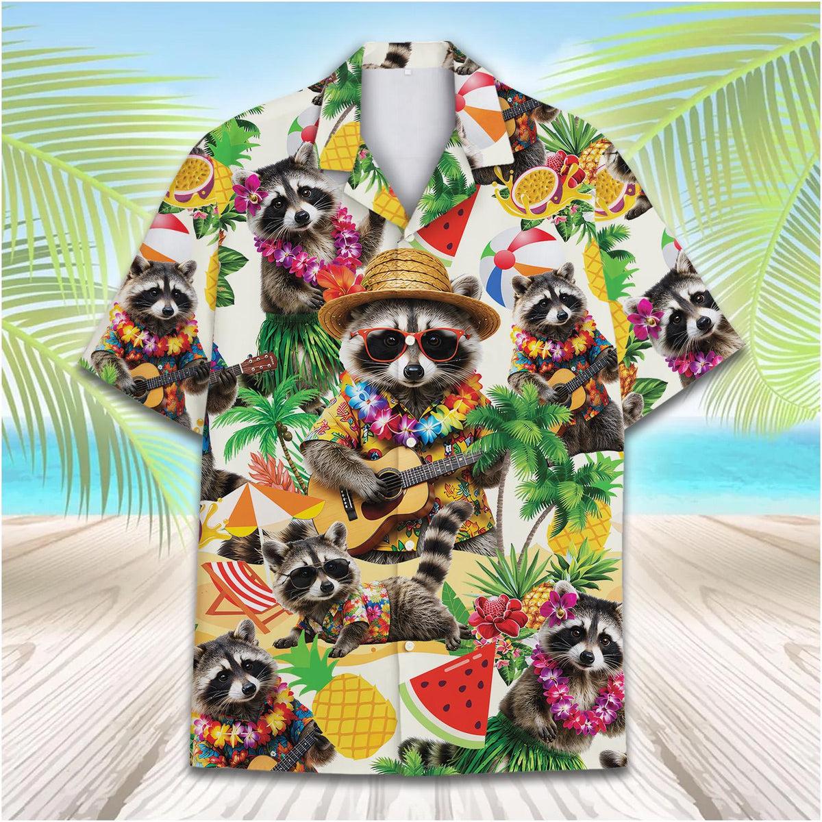 Cute Raccoon Tropical Ukulele Beach – Hawaiian Shirt