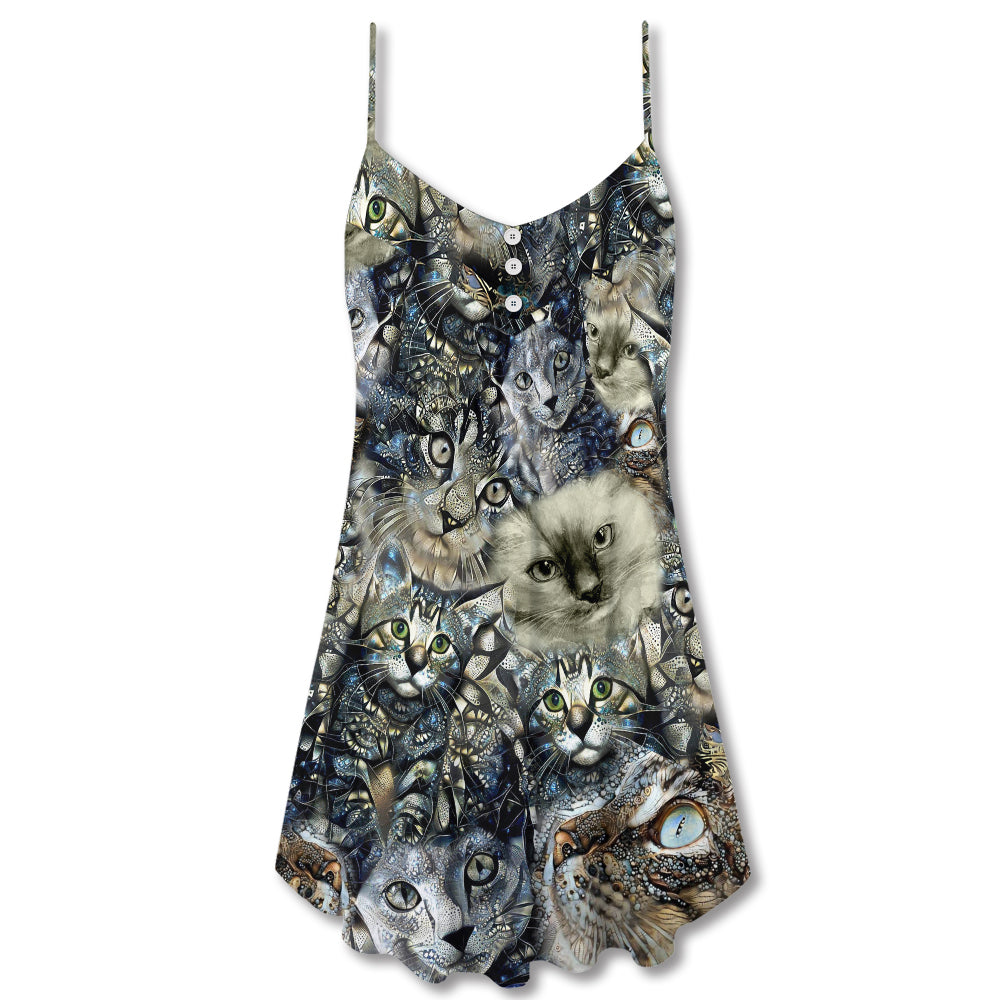 Vintage Cat Floral Neutral – Women's Summer Sleeveless V-Neck Camisole Dress