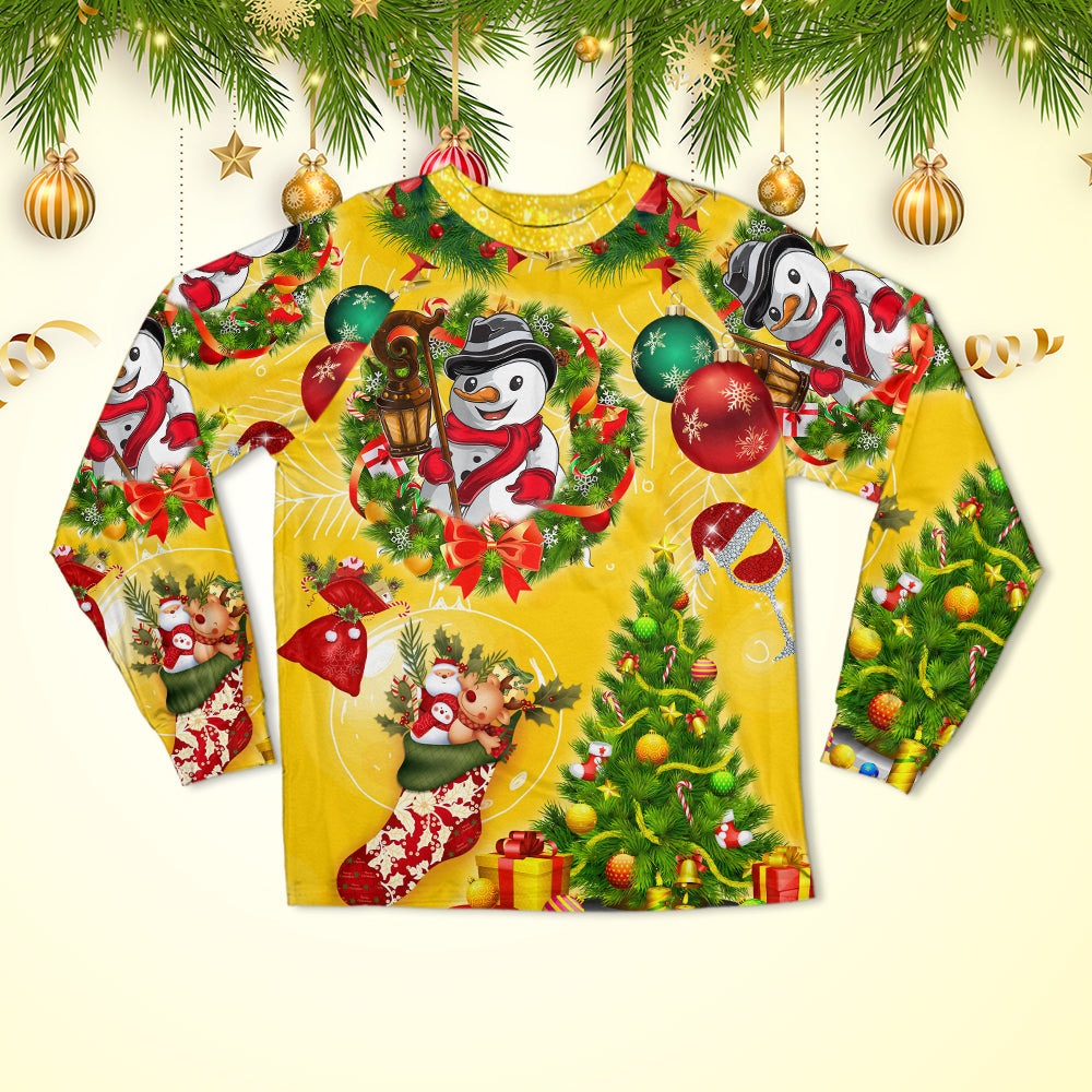 Christmas Funny Snowman Happy Christmas Tree Yellow Light - Pajamas Long Sleeve - Owls Matrix LTD