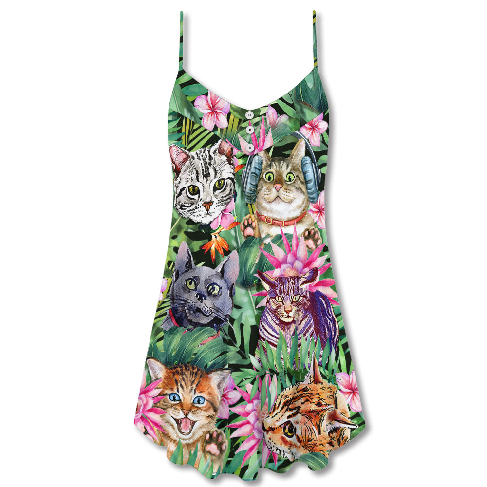 Cat Is My Life Tropical Leaf – Women's Summer Sleeveless V-Neck Camisole Dress
