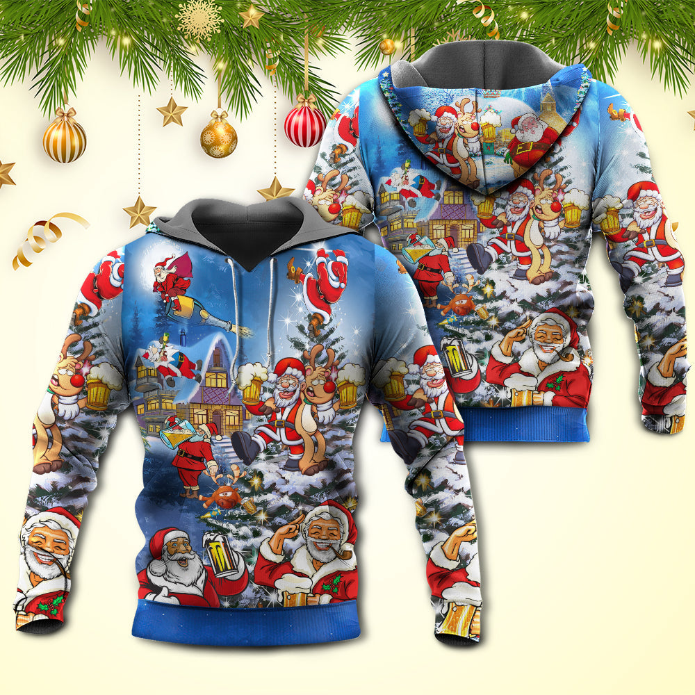 Christmas Funny Santa Drinking Beer Style - Hoodie