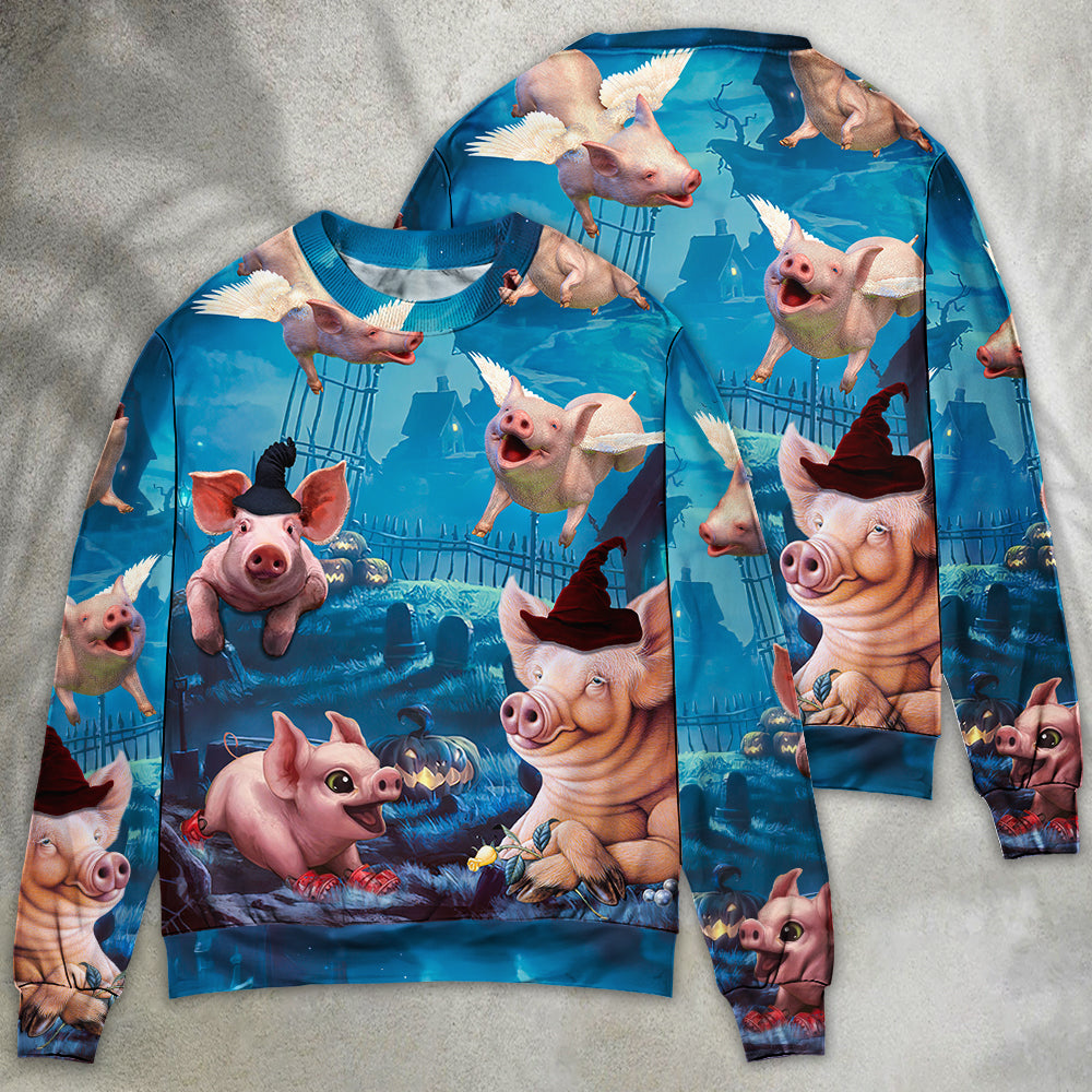 Halloween Flying Pig Pumpkin Art – Sweater - Ugly Christmas Sweater