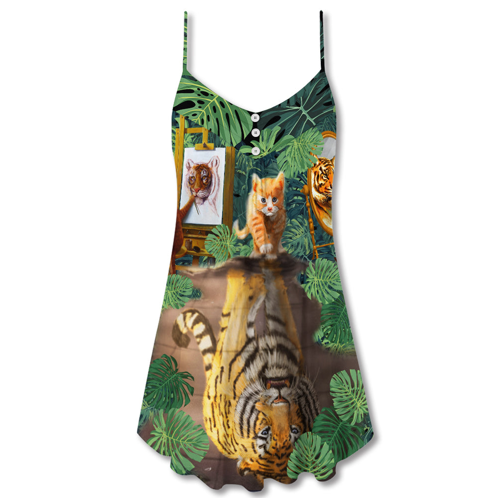 Cat And Tiger Tropical Leaves – Women's Summer Sleeveless V-Neck Camisole Dress