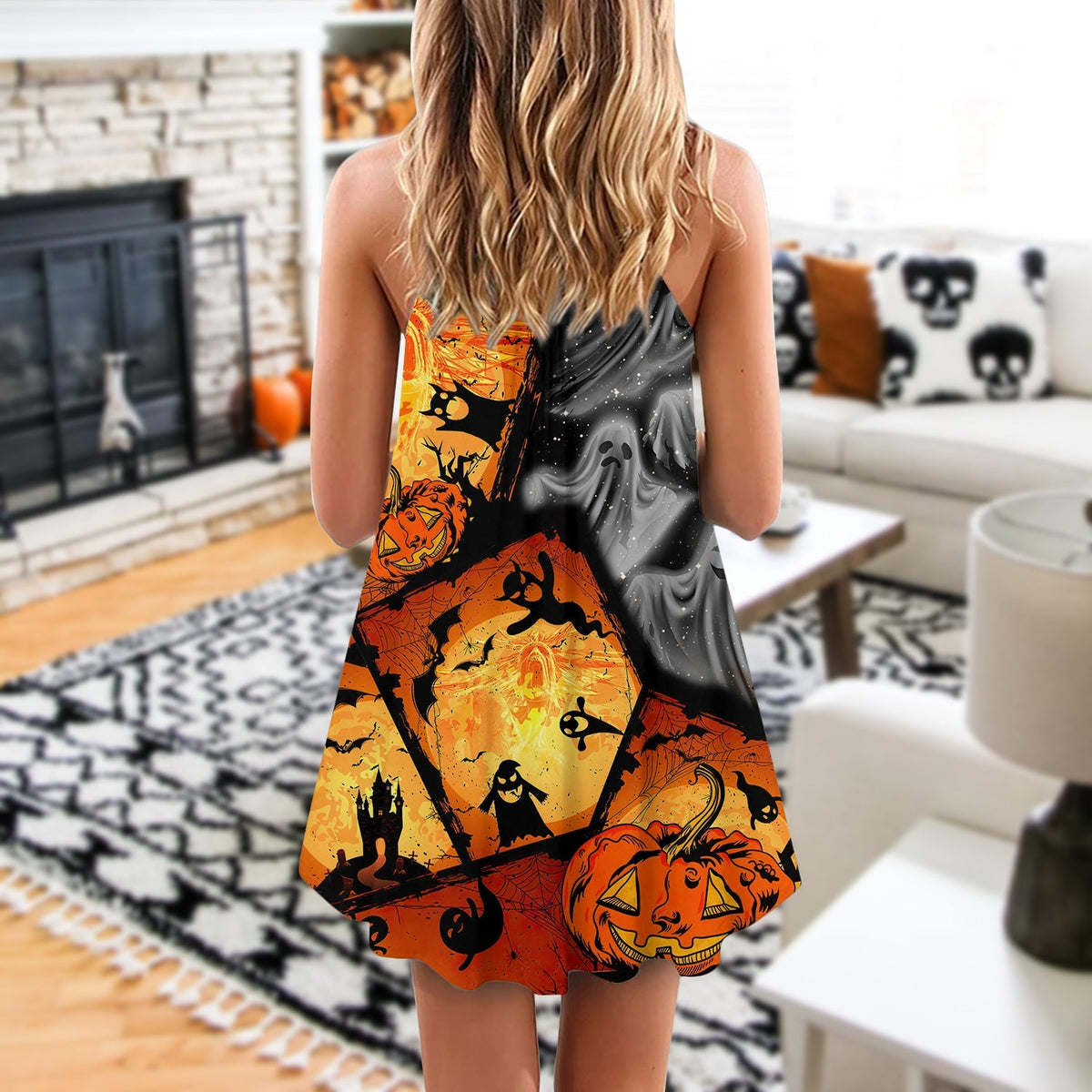 Halloween Ghost Pumpkin Night – Women's Summer Sleeveless V-Neck Camisole Dress