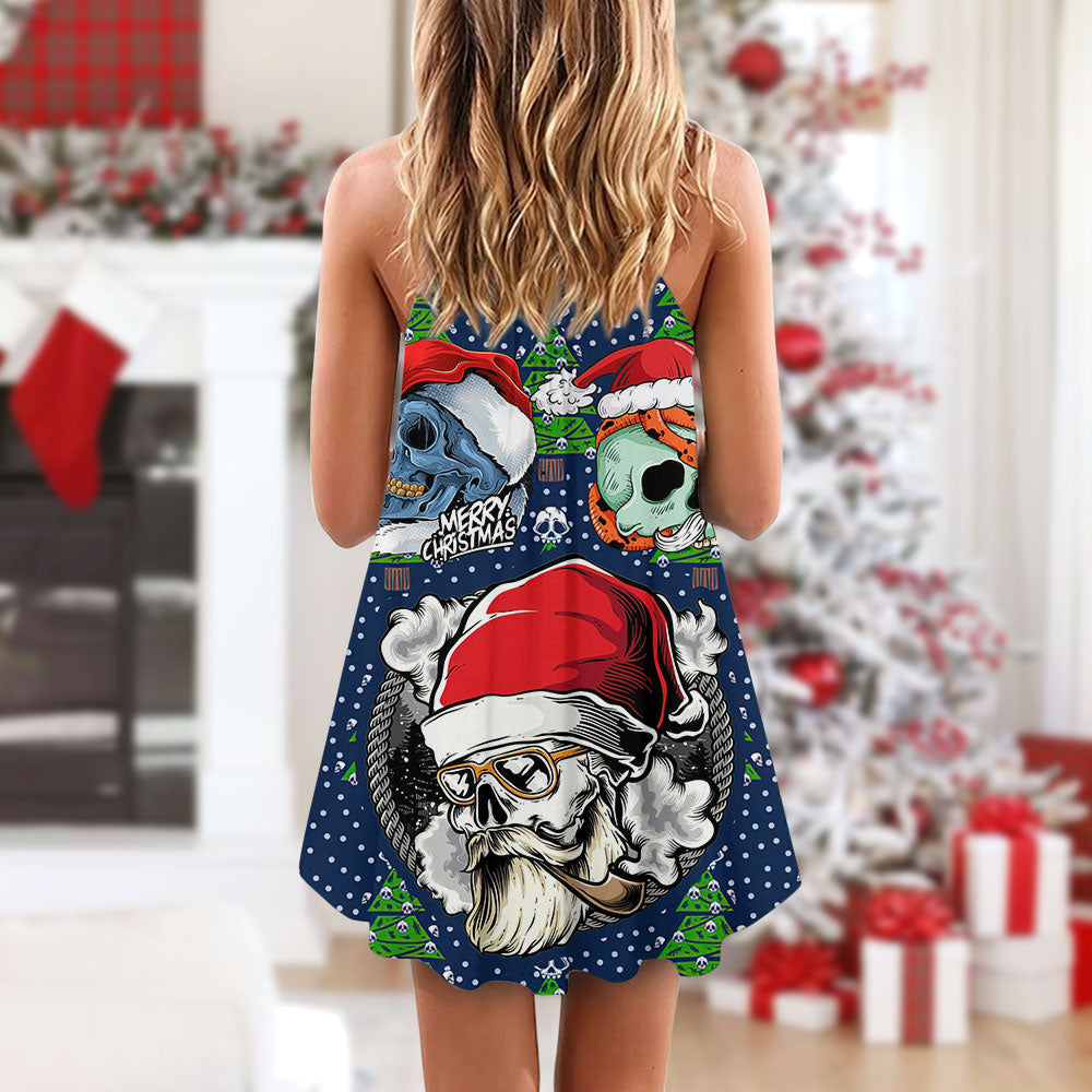 Skull With Santa Hat Merry Christmas Snow – Women's Summer Sleeveless V-Neck Camisole Dress