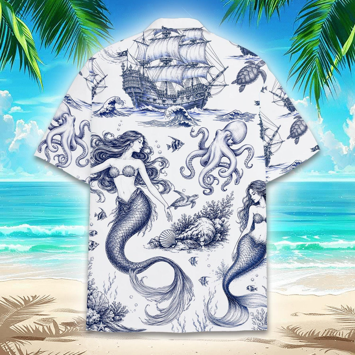 Vintage Mermaid Pirate Ship Octopus Ocean – Hawaiian Shirt