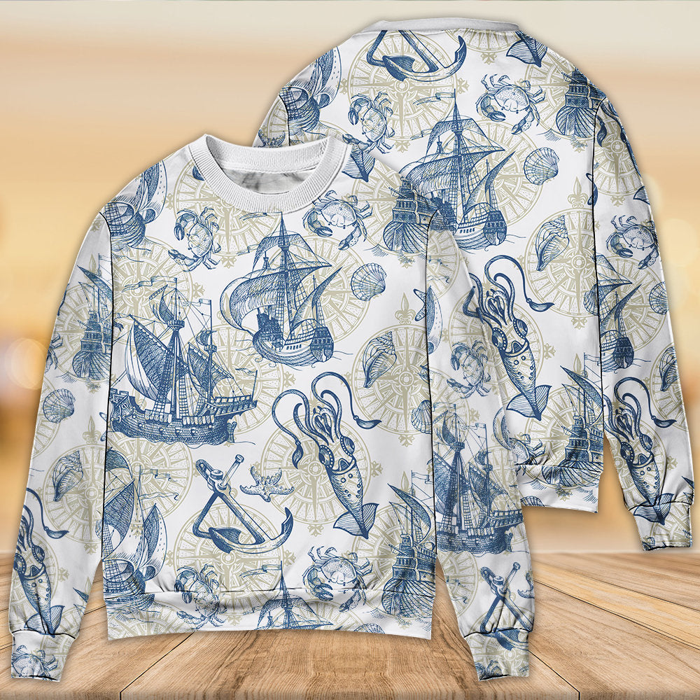 Vintage Sailboat Sea Monster Map Art – Sweater - Ugly Christmas Sweater