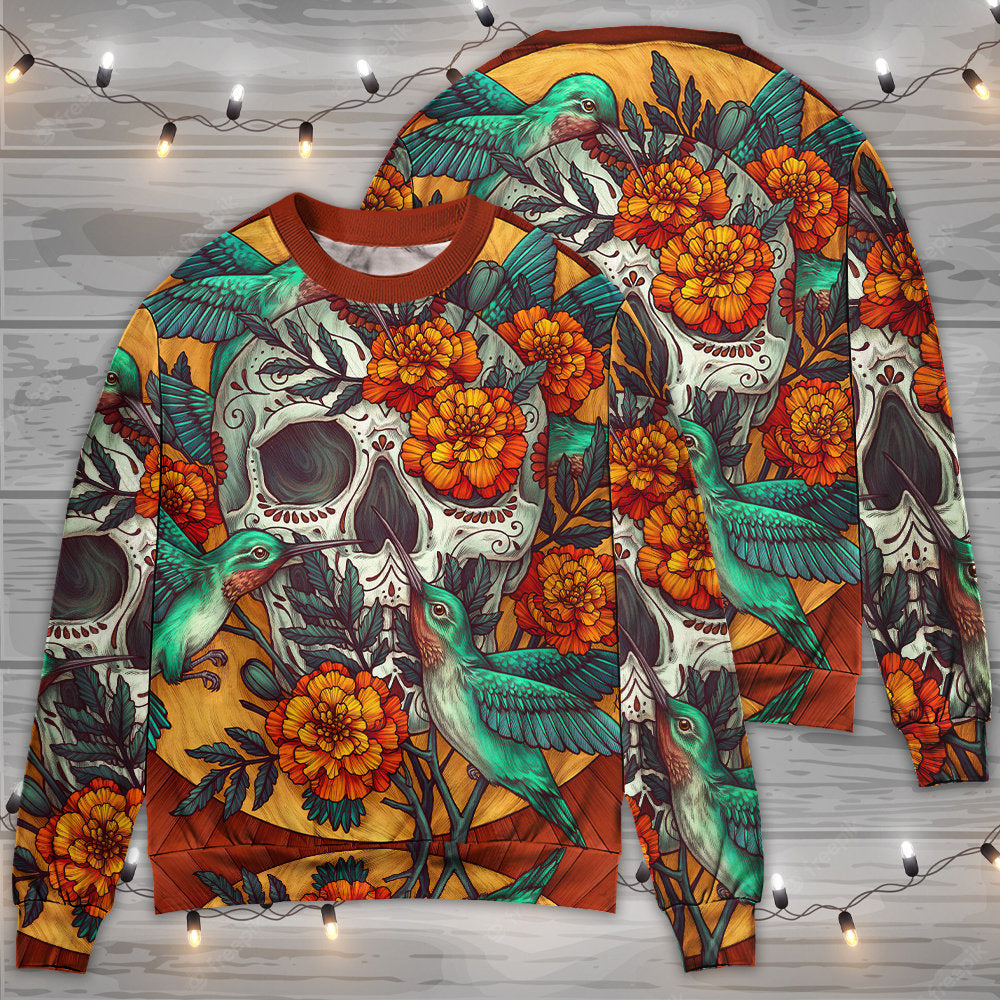 Floral Skull With Hummingbird Art – Sweater - Ugly Christmas Sweater