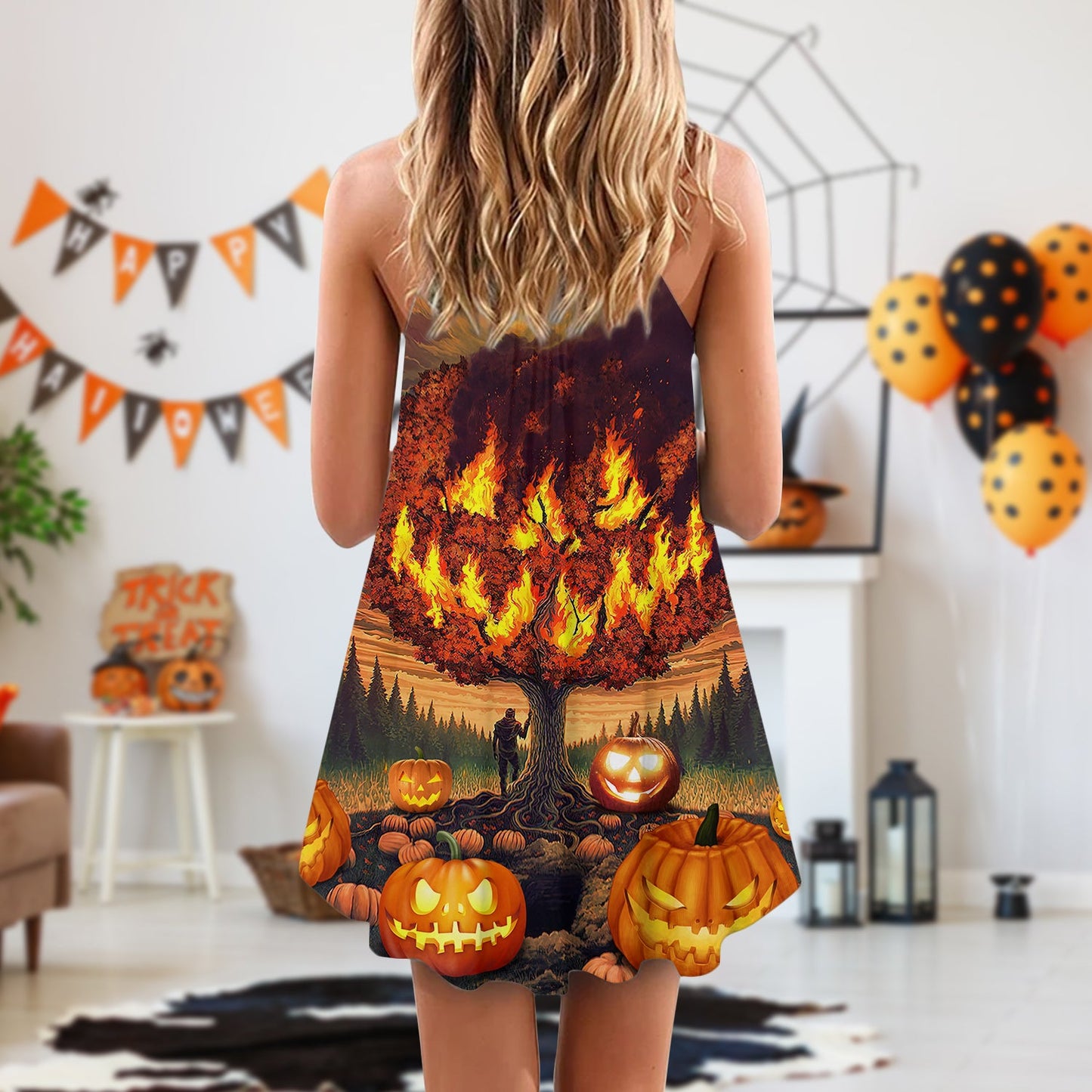 Halloween Burning Pumpkin Style – Women's Summer Sleeveless V-Neck Camisole Dress