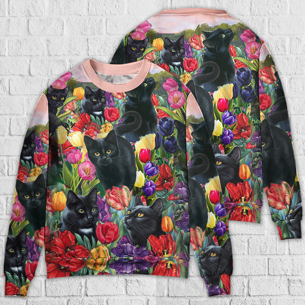 Black Cat Love Colorful Flowers Art – Sweater - Ugly Christmas Sweater