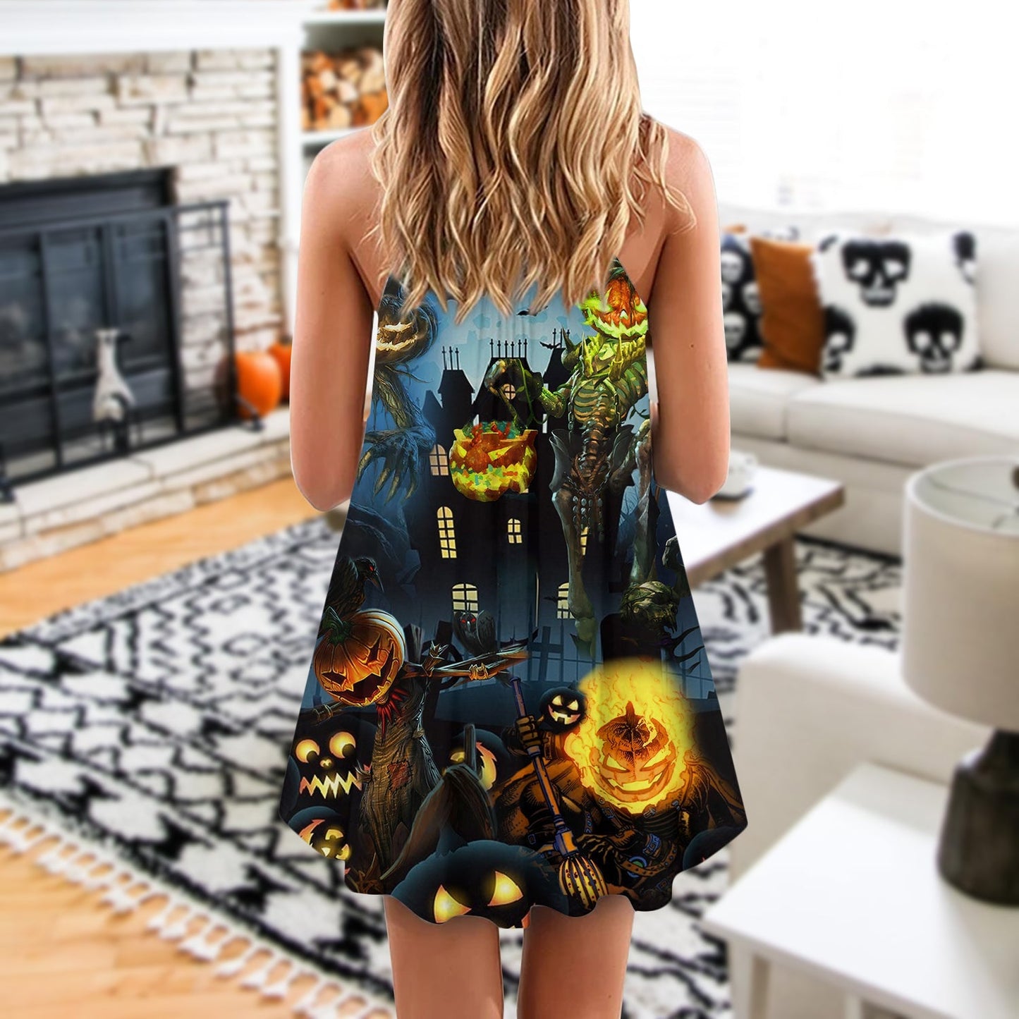 Halloween Pumpkin Sky Night – Women's Summer Sleeveless V-Neck Camisole Dress
