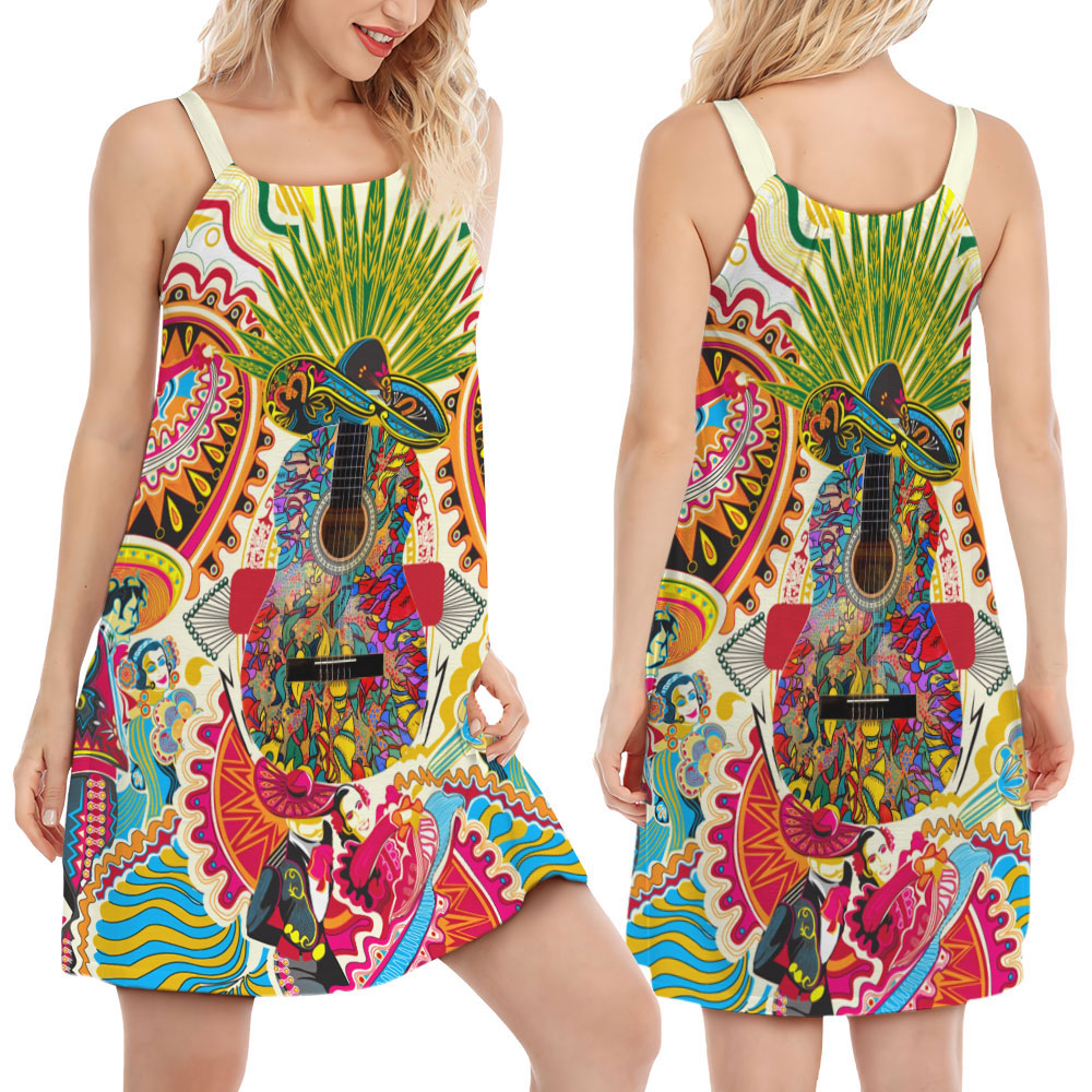 Hippie Peace Love Guitar – Women's Summer Sleeveless V-Neck Camisole Dress
