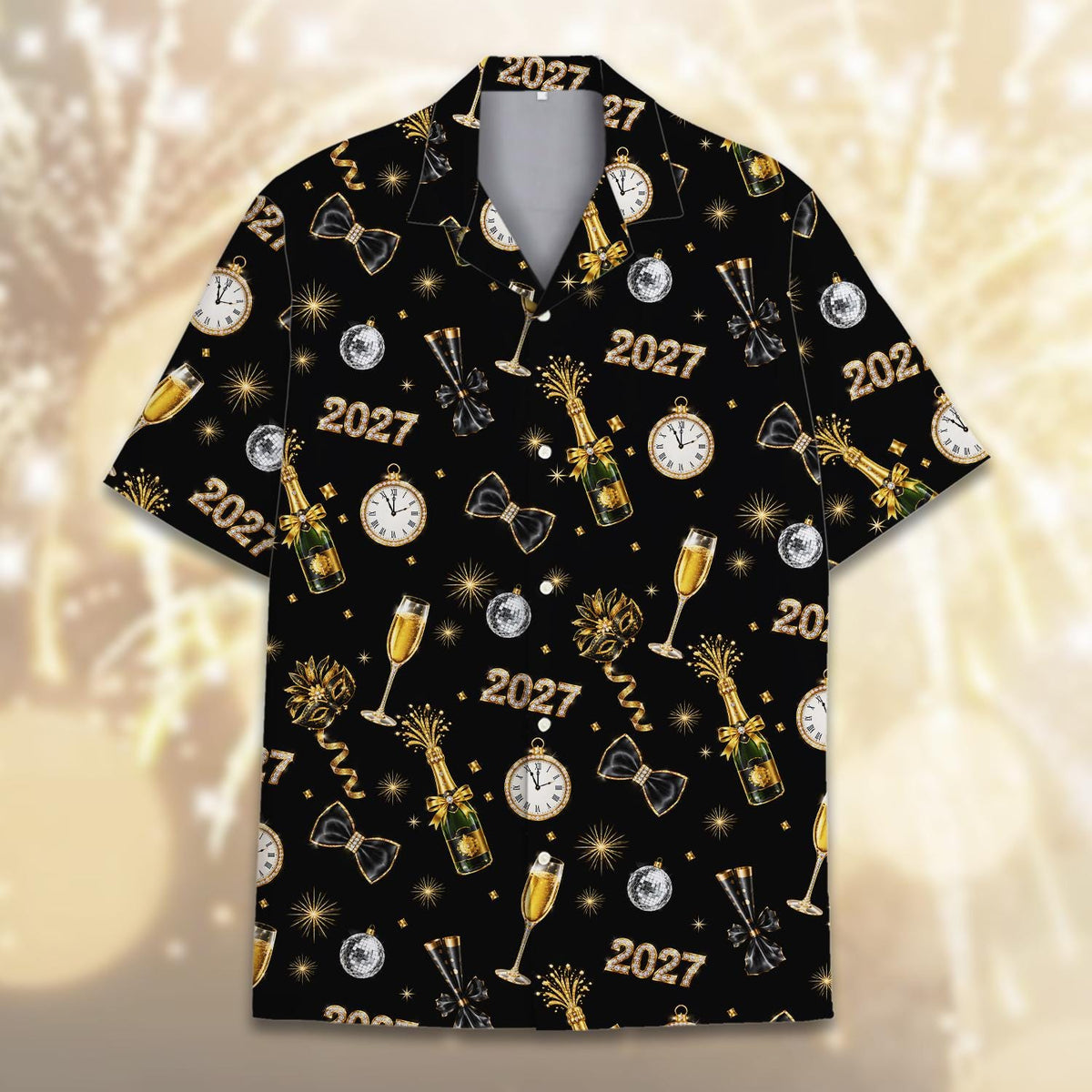 Happy New Year 2027 Champagne Clock Countdown Party – Hawaiian Shirt