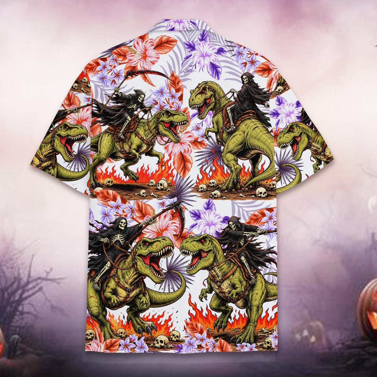 T-Rex Riding Reaper Retro Skeleton Dinosaur – Hawaiian Shirt