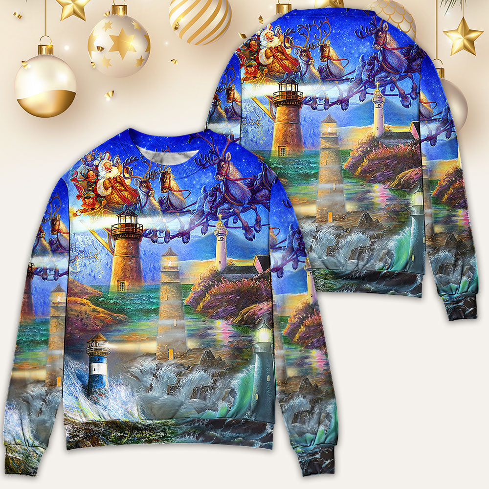 Lighthouse Christmas Santa Shine Like A Light – Sweater - Ugly Christmas Sweater