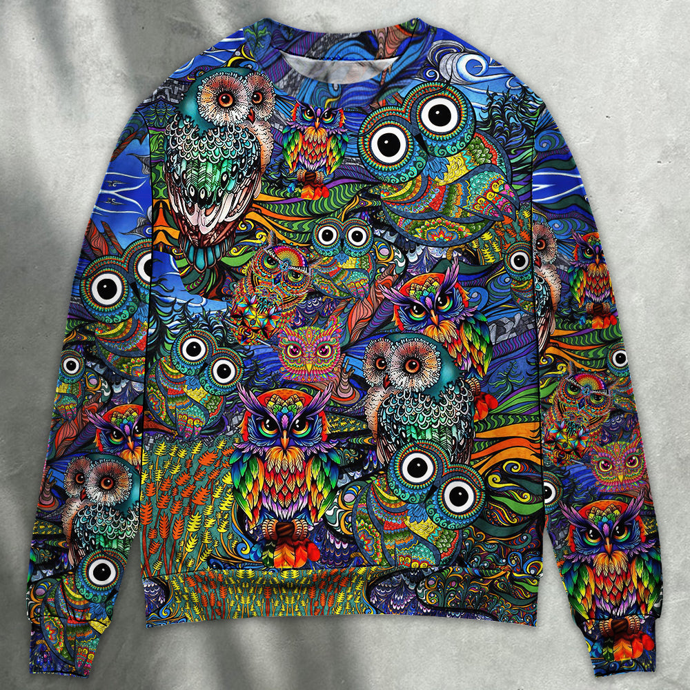 Hippie Owls Peace Life Colorful Art – Sweater - Ugly Christmas Sweater