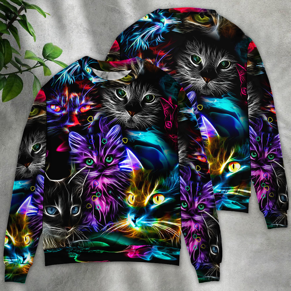Funny Cat Neon Light Colorful Art – Sweater - Ugly Christmas Sweater