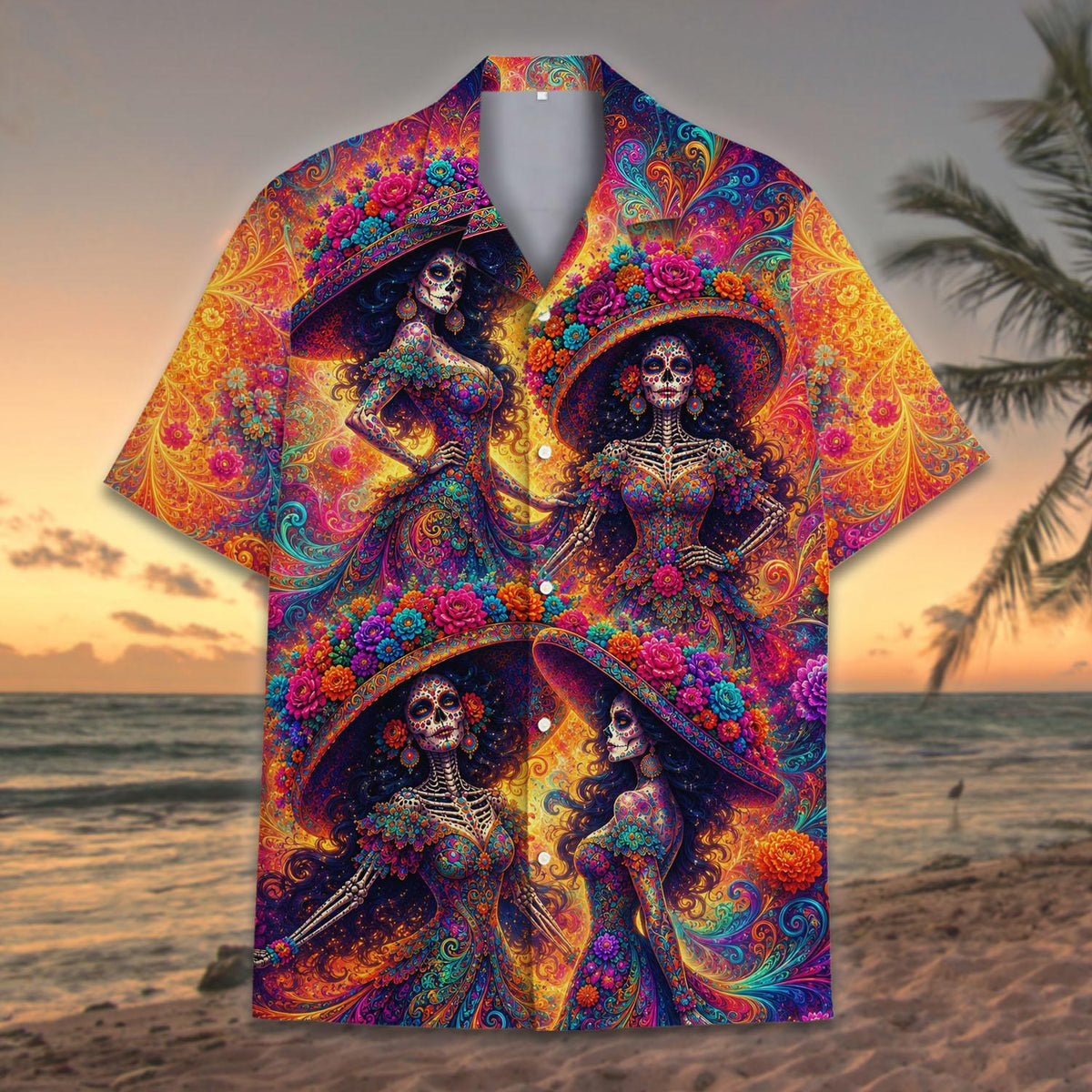 Floral Skull Colorful Skeleton Lady Gothic Halloween – Hawaiian Shirt