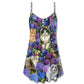 Lovely Cat Purple Flowers – Women's Summer Sleeveless V-Neck Camisole Dress