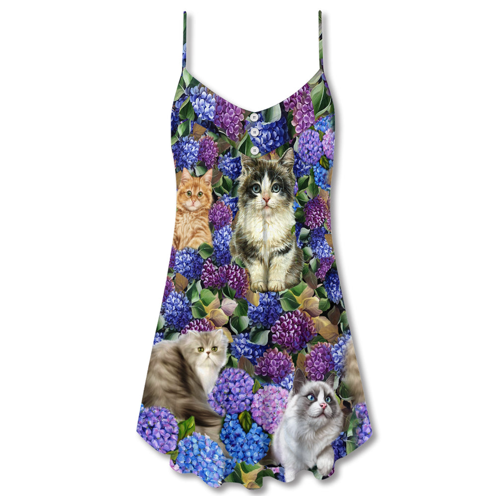 Lovely Cat Purple Flowers – Women's Summer Sleeveless V-Neck Camisole Dress