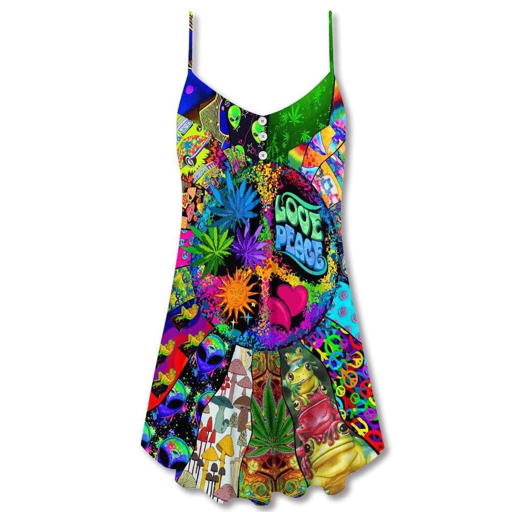 Hippie Alien Frogs Peace Love – Women's Summer Sleeveless V-Neck Camisole Dress