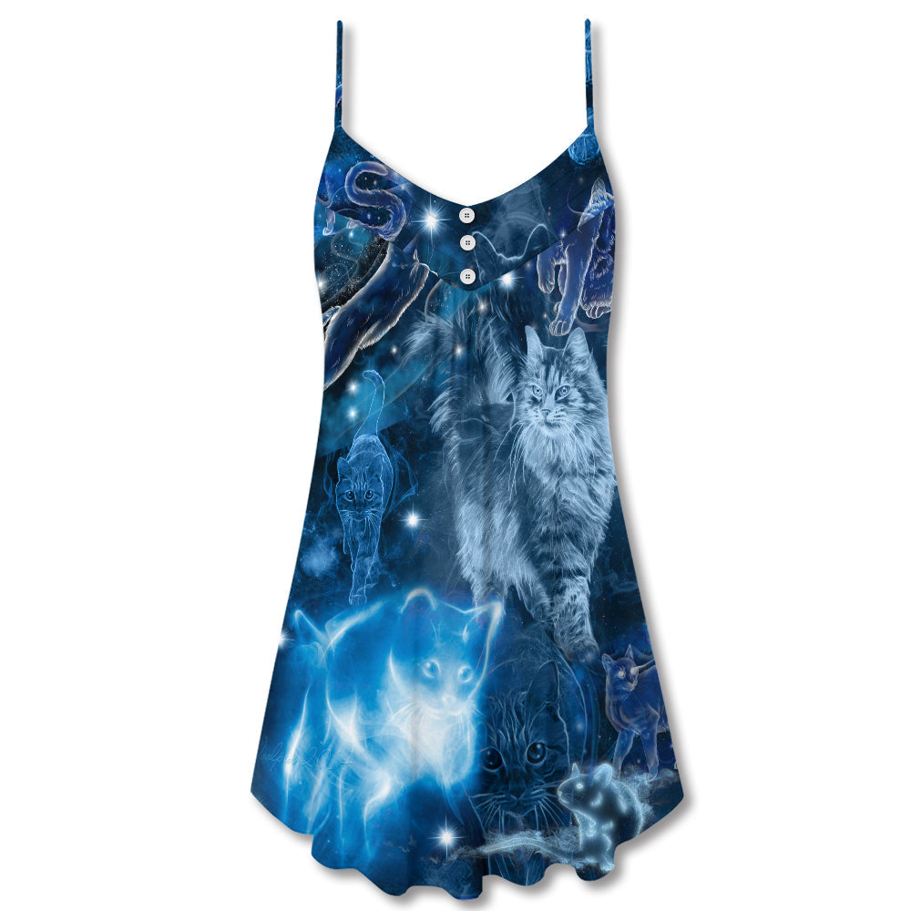 Blue Neon Cat Love – Women's Summer Sleeveless V-Neck Camisole Dress