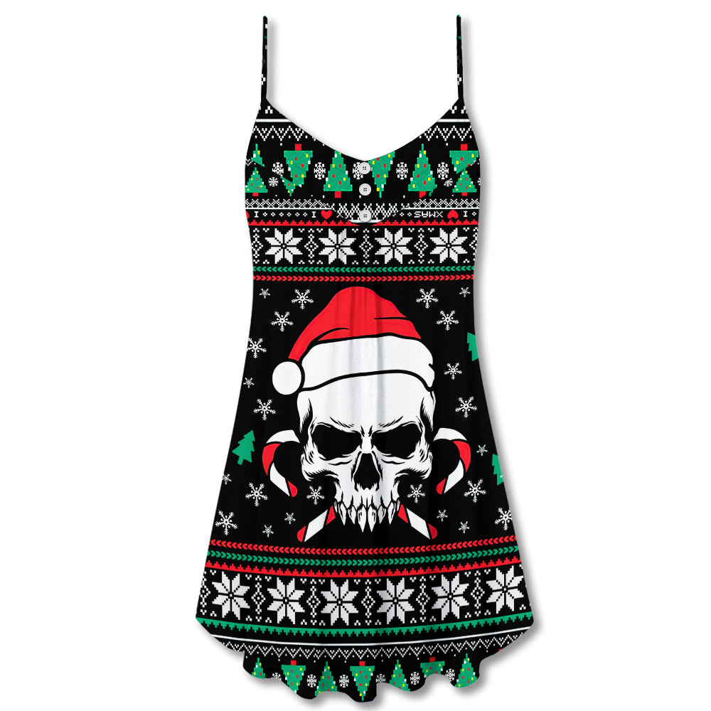 Christmas Skull Santa Hat Candy – Women's Summer Sleeveless V-Neck Camisole Dress