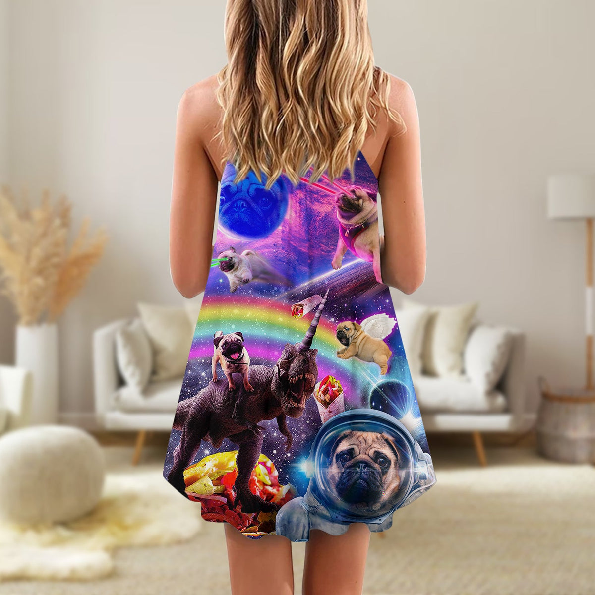 Pug Galaxy Rainbow Fun Style – Women's Summer Sleeveless V-Neck Camisole Dress