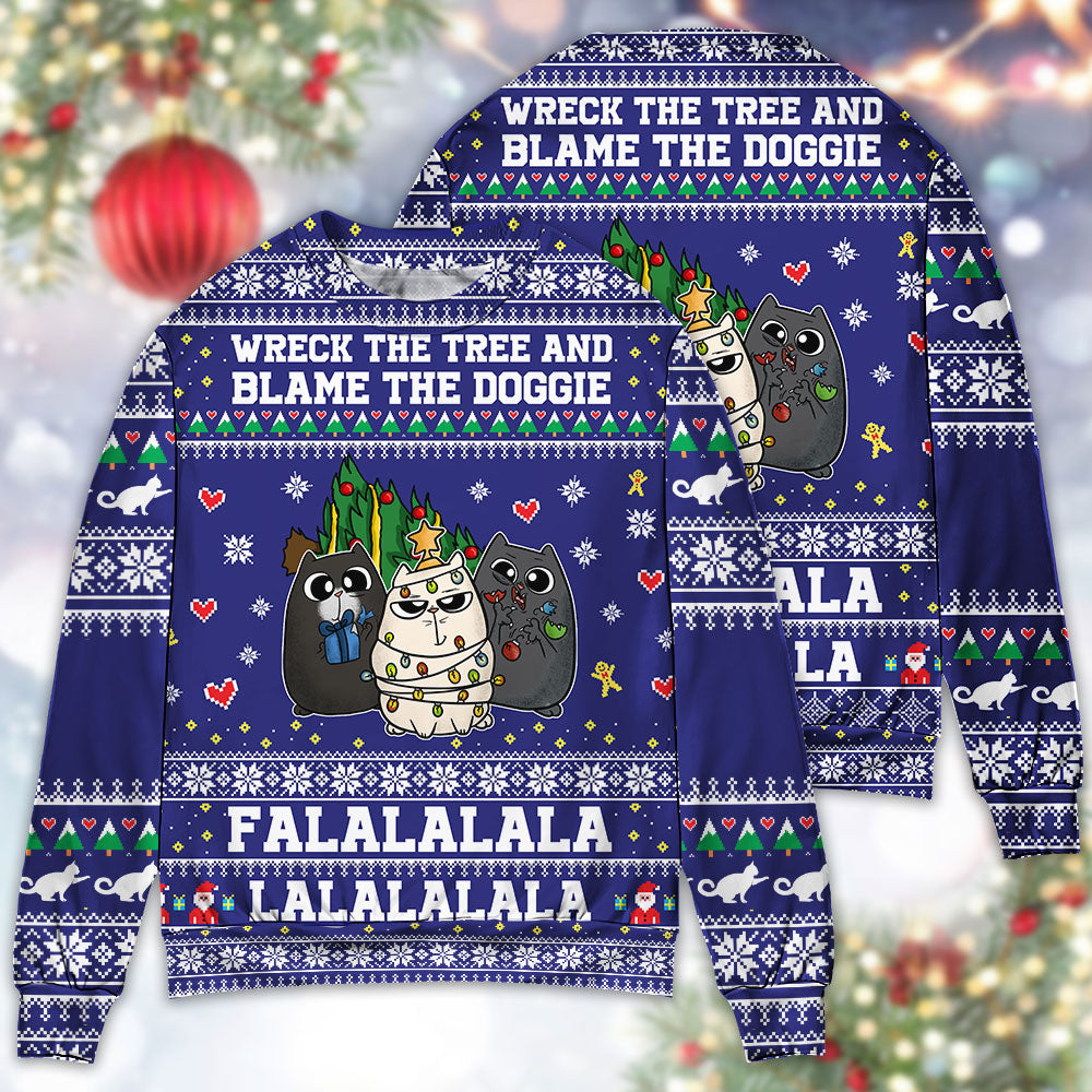Cat Wrecks Tree Meowy Christmas Style – Sweater - Ugly Christmas Sweater