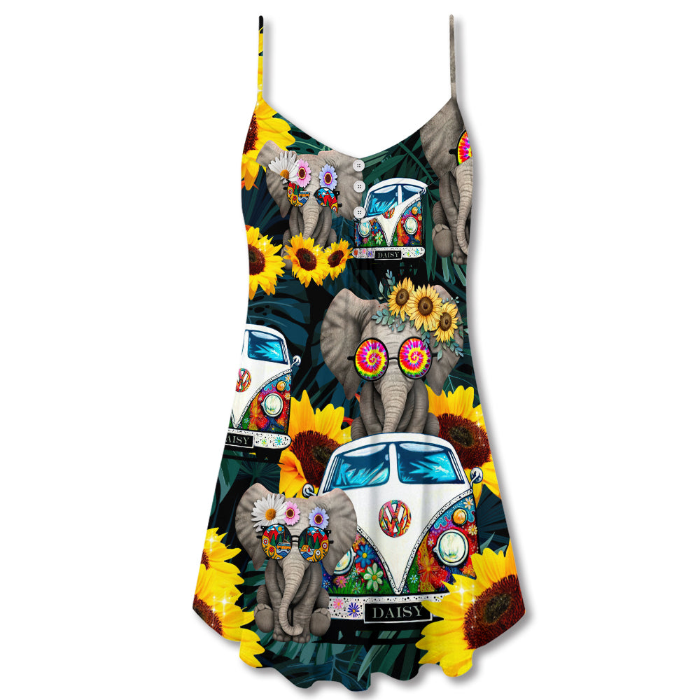 Hippie Elephant Camping Vibes – Women's Summer Sleeveless V-Neck Camisole Dress