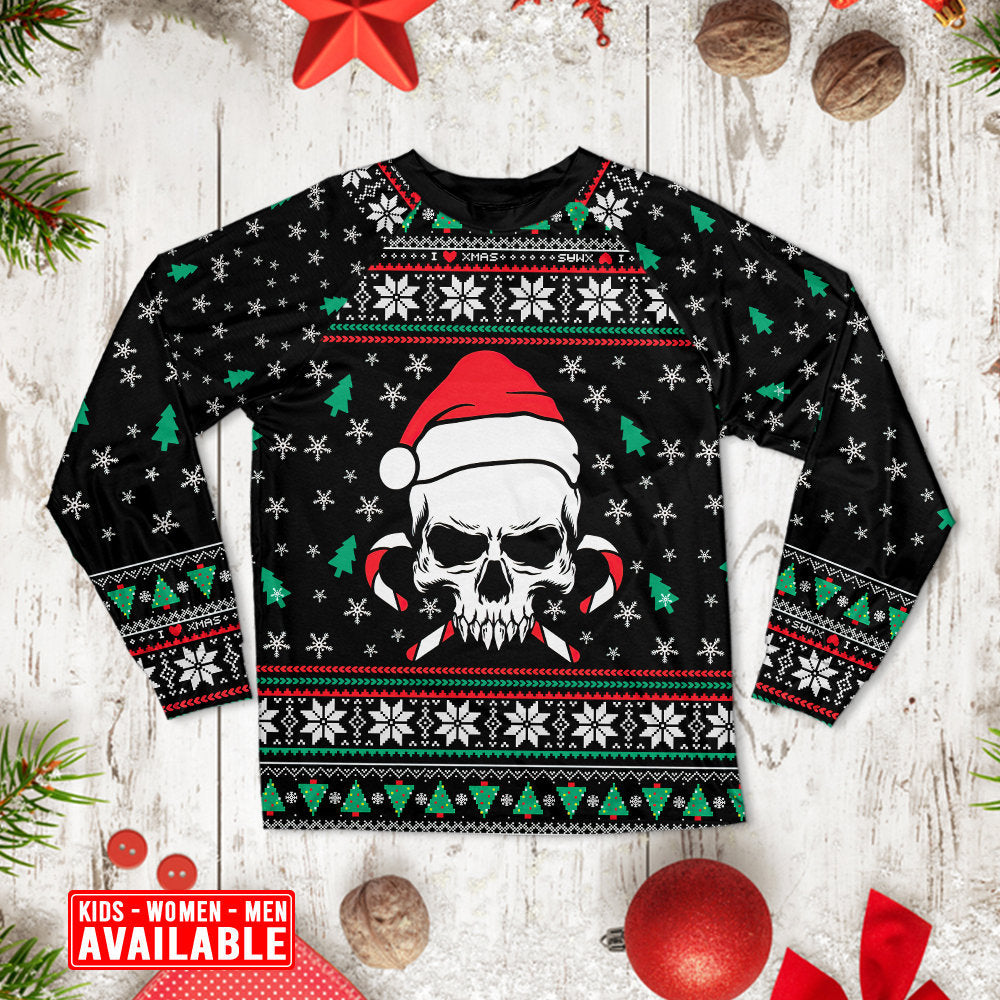 Christmas Skull Wearing Santa Claus Hat And Sweat Candy - Pajamas Long Sleeve - Owls Matrix LTD
