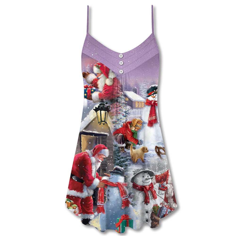 Christmas Santa Builds Snowman Gifts – Women's Summer Sleeveless V-Neck Camisole Dress