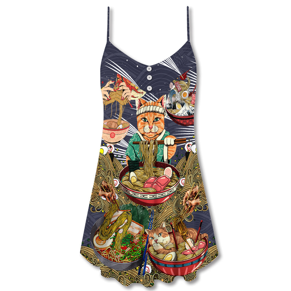 Cat Eating Ramen Cute – Women's Summer Sleeveless V-Neck Camisole Dress