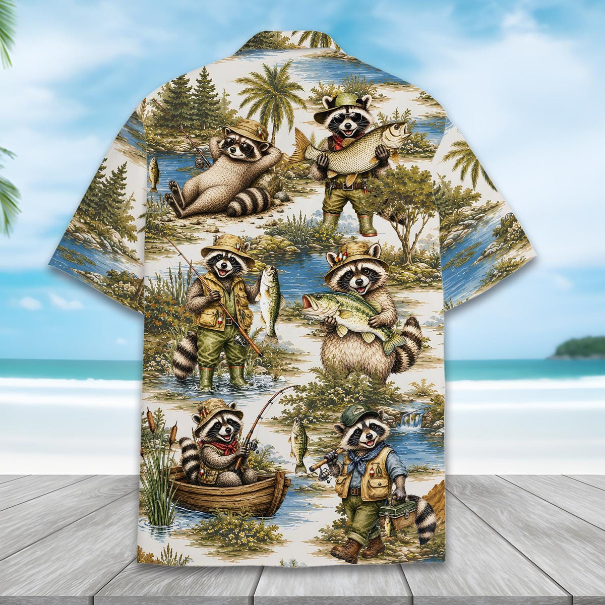 Funny Raccoon Camping Campfire Fishing – Hawaiian Shirt