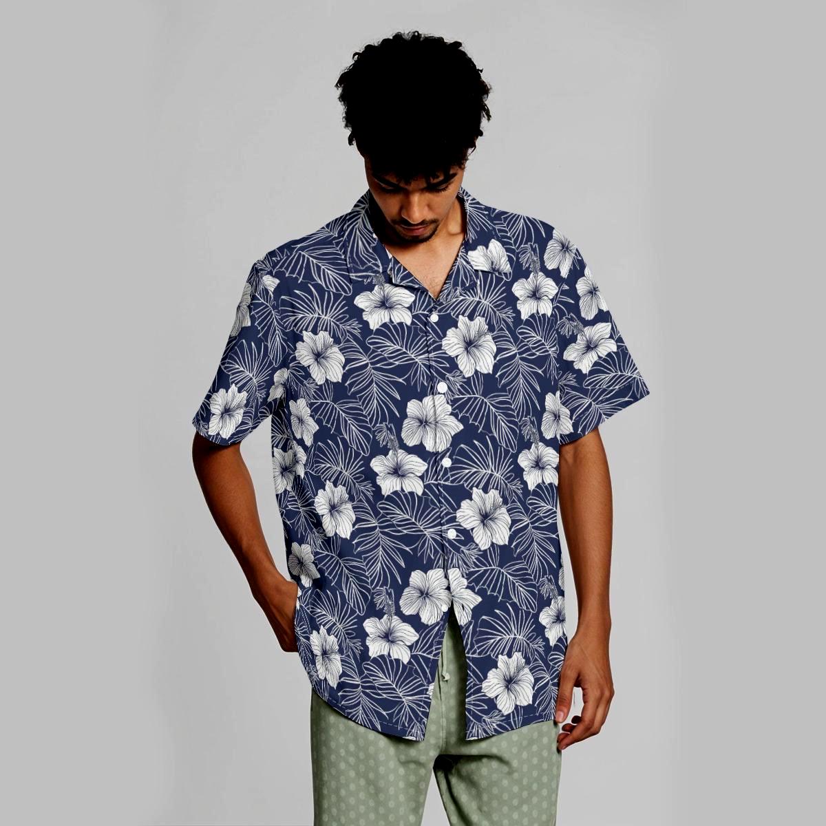 Navy White Hibiscus Tropical Family Matching Outfits – Hawaiian Shirt